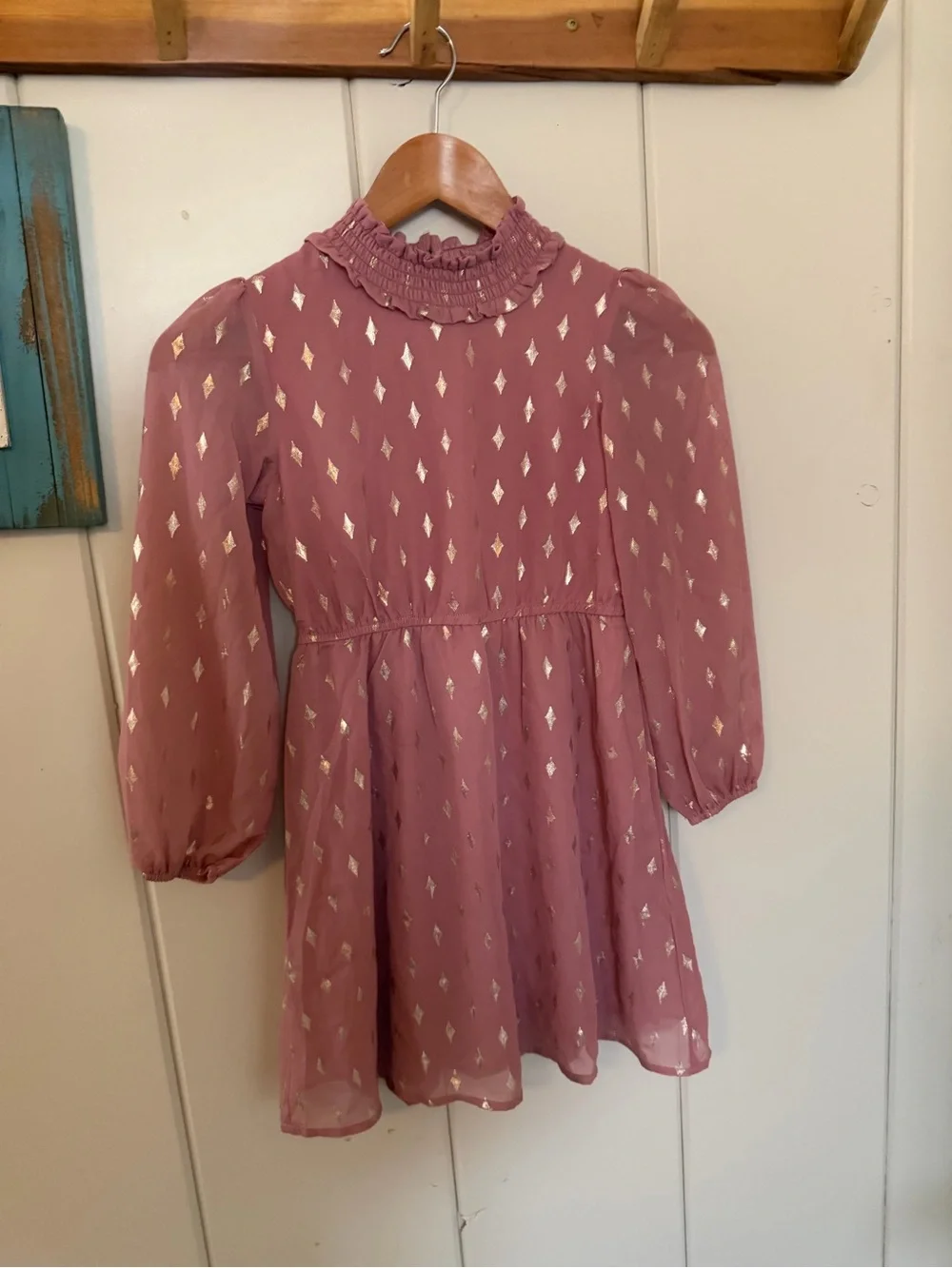 Poppies and Roses Girls Size 8 Mauve Gold Foil Chiffon Long Sleeve Party Dress